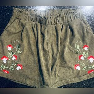 Green corduroy pull on shorts, mushroom embroidery, elastic waistband